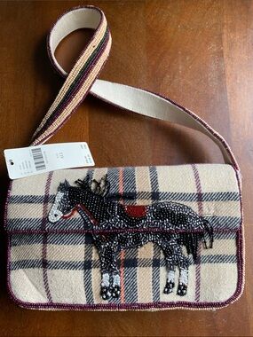 Anthropologie Fiona Beaded Horse Plaid Crossbody Bag in Beige and Black